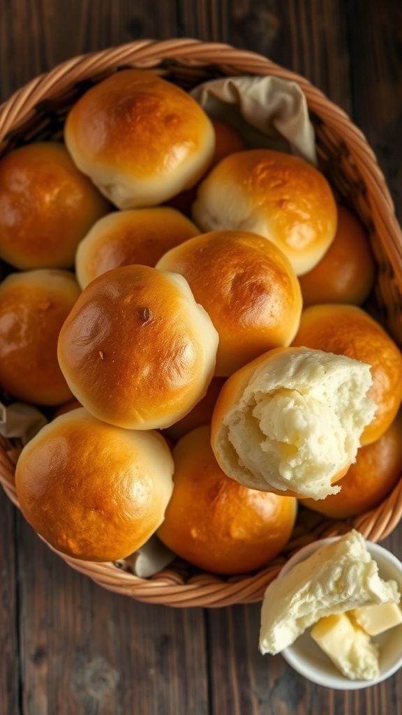 A basket of golden brown yeast rolls on a wooden table, with a dish of butter.